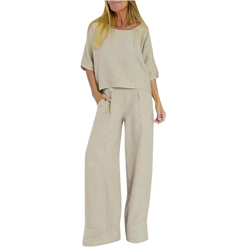 Terno feminino de linho de verão, duas peças, gola redonda, meia manga, calças largas, combinando