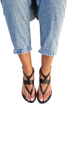 Handmade Greek Black Leather Sandals with a Luxuriously Soft Footbed, Crafted in Greece, Open Toe Flat Shoes, Metallic Buckles, Summer Flats (US8)