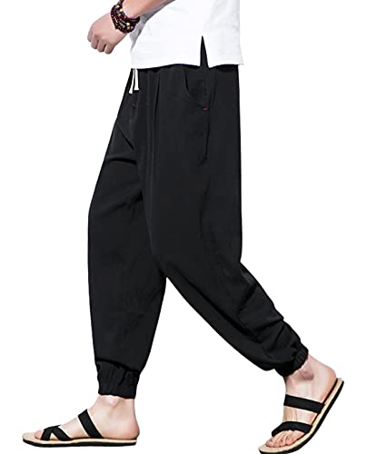 chouyatou Men's Casual Stretched Waist Relaxed Fit Lightweight Tapered Legs Linen Jogger Capri Pant