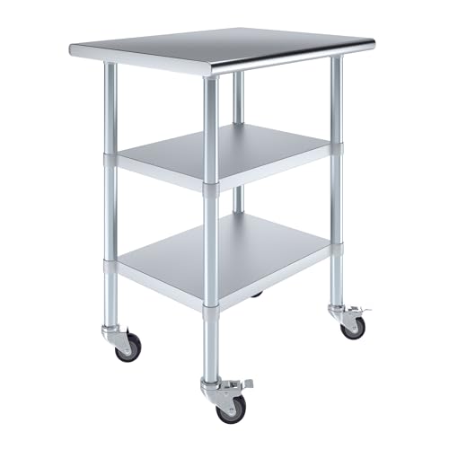 Image of AmGood Stainless Steel Work Table with 2 Shelves and Casters | Metal Utility Table On Wheels (Stainless Steel Work Table with 2 Shelves + Casters, 30 inch Long x 24 inch Deep)