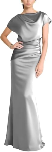 Vodistar Modern Women's Satin Mother of the Groom Dresses Long with Cap for Wedding Gray Mermaid Pleated Cowl Neck Formal Dress 10