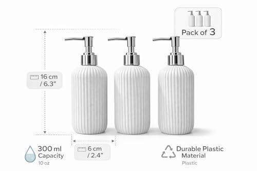 Image of LAGET 300ml Soap Dispenser for Wash Basin - Plane Ribbed Design | Kitchen and Bathroom Accessories Items | Refillable Handwash Dispenser Bottle- Set of 3 (White)
