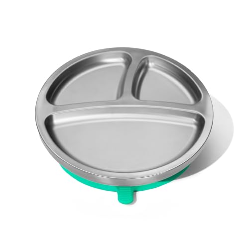 Image of Avanchy Baby Plates with Suction – Stainless Steel Divided Plates for Toddlers, BPA-Free, Dishwasher Safe, Unbreakable, Non-Toxic, 100% Silicone Suction – Green