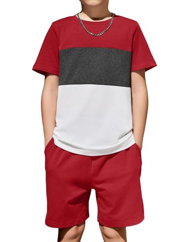 Image of Arshiner Boys' 2-Piece Cotton Outfit Color Block T-Shirt and Shorts Set Summer Camo Clothes for Kids 5-14 Years