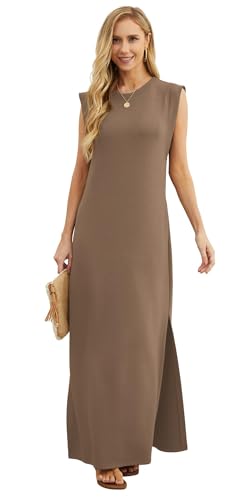 Image of GRECERELLE 2026 Women Year-Round Casual Round Neck Loose Split Wrinkle-Free Long Maxi Vacation Dress with Pockets (XXS-4XL)