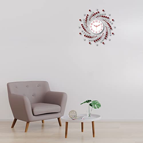 Image of CHRONIKLE Beautiful Crystal Analog Floral Design Round Diamond Studded Metal Wall Clock for Living Room Home Decorations Office Gifts (Size: 60 x 5 x 60 CM | Color: Red & White | Weight: 1460 Gram)