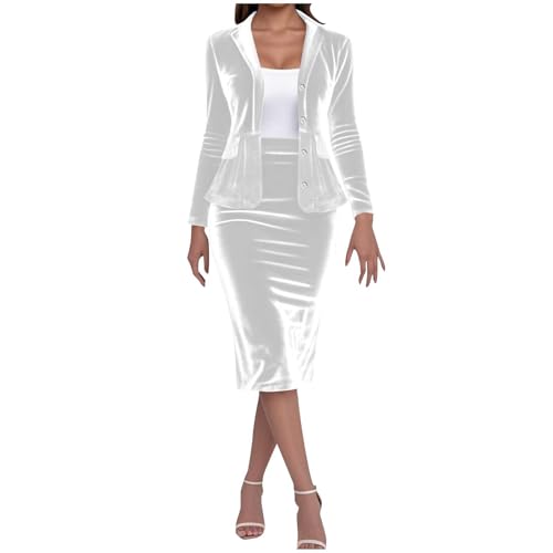 Womens Velvet Suit Sets Button Down Long Sleeve Pockets Blazer and Warp Pencil Skirt Business Office Work Suit Outfits