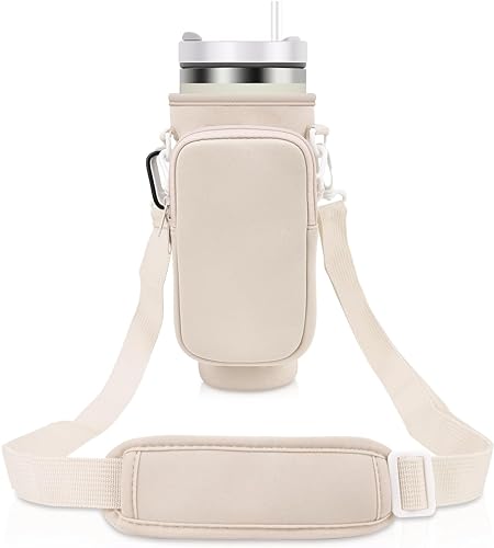Image of MTROYALDIA Water Bottle Carrier Bag with Pouch Compatible with Stanley 40oz Tumbler with Handle, Water Bottle Pouch for Stanley Quencher H2.0 Flow State, 40 oz Tumbler (new Beige)