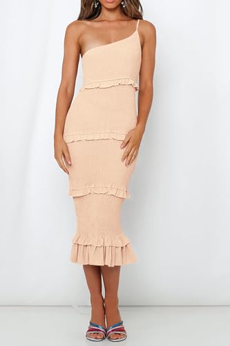 Image of PRETTYGARDEN Women's Summer Midi Bodycon Dresses One Shoulder Strappy Tiered Ruffle Floral Boho Sun Dress