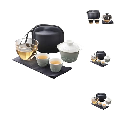LIVIA旅行ティーセット 茶器セット 和風 急須 おしゃれ(ポット1つとカップ2つ)持ち運びに便利 陶器 1〜2人用 中国茶器セット 家庭、オフィス、旅行、キャンプ、出張、ギフトなどに適しています 収納バッグ付き (グラデーショングリーン)