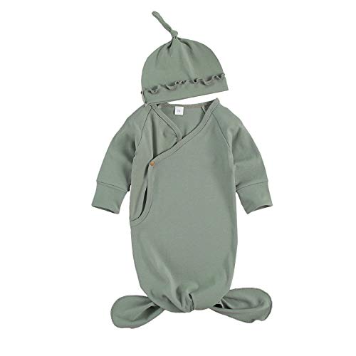 Onavy Newborn Baby Unisex Knotted Gown Nightgown Soft Cotton Long Sleeve Sleeping Bags with Hat Baby Boy and Girl (Green Gray, 0-3 Months)