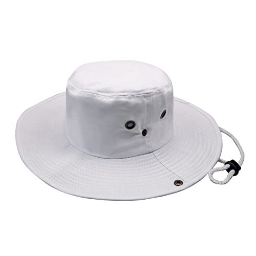 Cotton-Wide-Brim-Sun-Hat-for-Men-and-Women,Outdoor Bucket-Hat UV-Protection Safari-Boonie-Hat for Fishing Hiking White