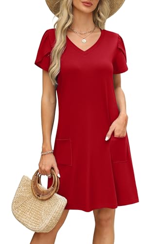 Image of OFEEFAN Womens Summer Dresses 2026 Tulip Petal Short Sleeve V Neck Loose Swing Sundresses with Pockets Plain /Print