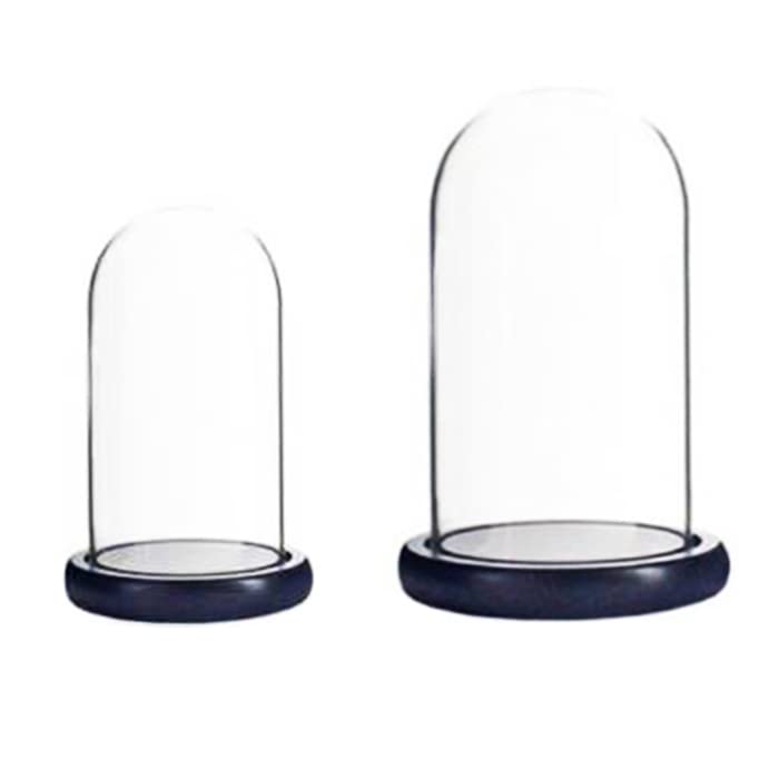ALHOMEE 2pcs Glass Cloche Dome H:7.9" x W:4.8" and H:5.9" x W:3.6" Glass Bell Jar with Black Wooden Base Tabletop Glass Dome Display Case With Base For Plants Food Candles Home Decoration