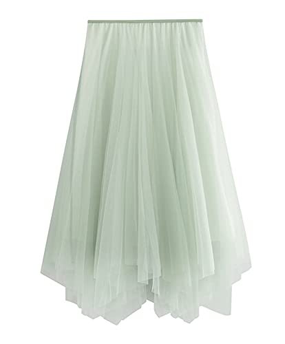 FEOYA Lang Tüllrock Damen Faltenrock Elastische Taille Midirock Unregelmäßiges Design Ballettrock - Hellgrün Cover