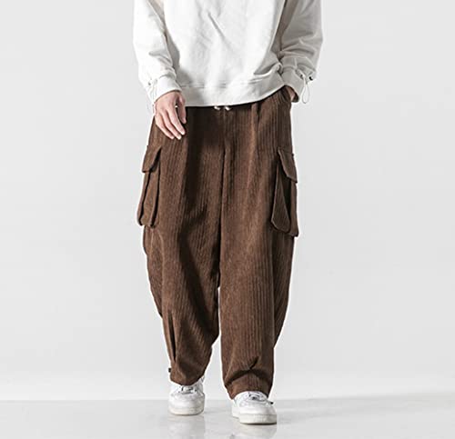 Men's Vintage Baggy Hip Hop Corduroy Cargo Pants Casual Solid Elastic Waist Wide Leg Joggers Sweatpants2