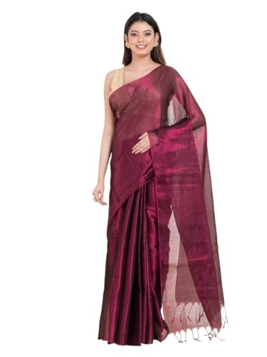 Image of Women's Tissue Cotton Saree | Plain Lightweight Tassel Pallu Saree with Blouse