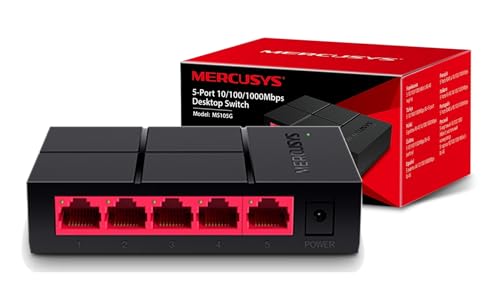 Mercusys MS105G - Switch Ethernet Gigabit de 5 Puertos (10/100/1000 Mbps, RJ45), Plug y Play, Sin Configuración, Bajo Consumo Energético, Silencioso y Compacto , Perfecto para Ordenadores y Smart TV