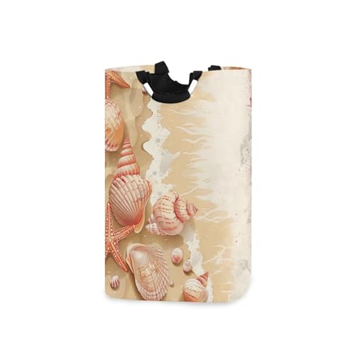 Jihqo Laundry Hamper Basket Beach Starfish Seashells Collapsible Nursery Storage Bin Waterproof Clothing Baskets for Home Bedroom Bathroom Washing Room