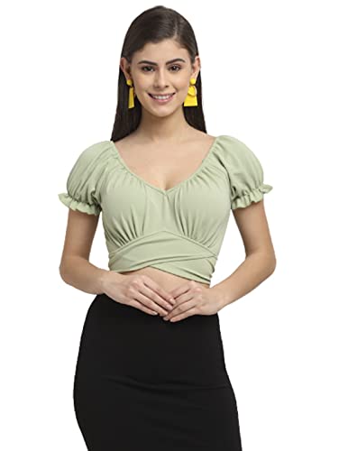 Image of ELEVANTO Women's Ruffle Stylish Short Sleeve Tie Up Back Crop Top Off Shoulder Bardot Blouse /Tops for Summer
