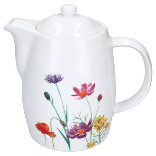 MamboCat Kanne Marie aus Porzellan 850ml I weiße Kanne mit Henkel & Deckel aus Porzellan für Tee- & Kaffee I mit Blumenwiese-Dekor für Frühstücks- & Kaffee-Runde