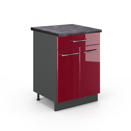 Vicco Meuble Cuisine Fame-Line, Rouge Bordeaux Haute Brillance, 60cm avec tiroir, PT Anthracite, à Combiner avec d'autres modules de la série Fame-Line