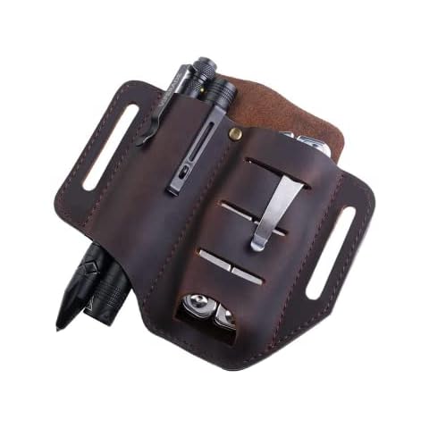 VIPERADE PJ8 Leather Sheath for EDC Organizer Leather Multitool Holder Retro Hademade 2 Pockets Carrier Tool Belt Holster Pouch for Flashlight Knife Tool Tactical Pen Everyday Carry Outdoor - Brown Cover