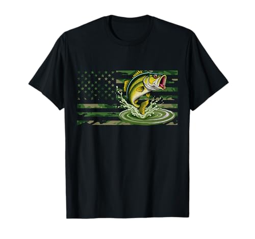 Pesca Retro Bandera Americana de Estados Unidos Bass Fish Fisherman Camo Bass Camiseta