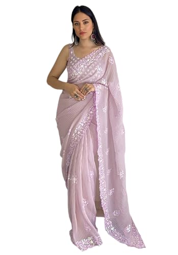 Pandadi Saree Women's Crushed Sequence Georgette Saree With Unsti...
