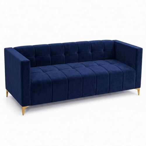 Image of FURNY Homeliving 4 Seater L Shape Sofa Set with Movable Ottoman & Golden Legs | Flexible Left or Right Layout | Plush Velvet Fabric (Dark Blue) | Perfect for Living Room, Guest Room & Office