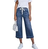 Capri-Jeans für Damen, Kordelzug, hohe Taille, weites Bein, mit Taschen, dehnbar, hohe...