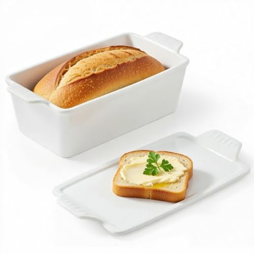 Cikiciki Ceramic Loaf Pan With Lid - 1.58 Qt Deep Bread Pan (10.94' X 5.23'), 2-In-1 Baking Dish For Homemade Bread Banana Bread Meatloaf, Oven Safe To 500°F, Dishwasher Freezer Safe, White