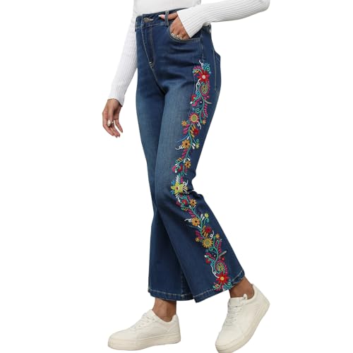Grosy Boho Floral Embroidered Mom Jeans for Women Plus Size High Waisted Bell Bottom Bohemian Denim Pants Flare Jeans3