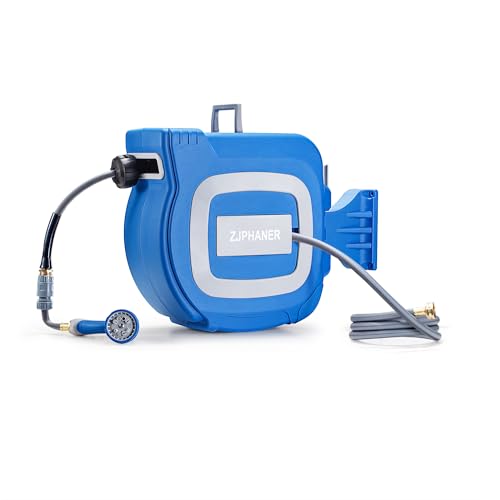 100FT Auto-Rewinding Garden Hose Reel with Drainage Holes, 10-Mode Spray Nozzle, Any Length Lock, 180-Degree Swivel Bracket & Wall Mounted for Lawn, Garden Watering Washing Car & Pets (Blue)