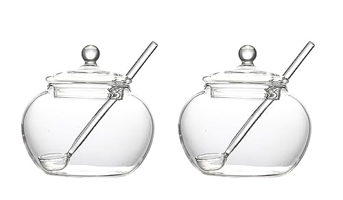 123Arts Clear Glass Sugar Bowls Storage Jars with Lid and Sugar Serving Spoons, Set of 2