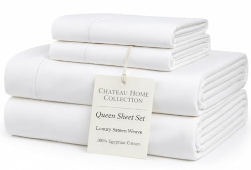100% Egyptian Cotton Sheets Queen Size Bed Set, 15' Deep Pocket Queen Sheet set, Sateen Cotton Bed Sheet, Cool Soft Breathable No Pill Elasticated Luxury White Bedding For All Seasons