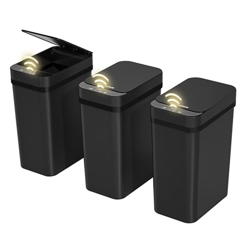 Image of FRESHLIX 3 Pack Bathroom Trash Can 2.6 Gallon Small Touchless Automatic Motion Sensor Trash Cans Slim Waterproof Garbage Bin with Lid for Kitchen, Office, Bedroom Black
