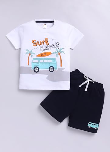Image of LITTLE NINJA Cotton Half Sleeves Beach Theme Printed Tee & Coordinating Shorts Set - White & Navy