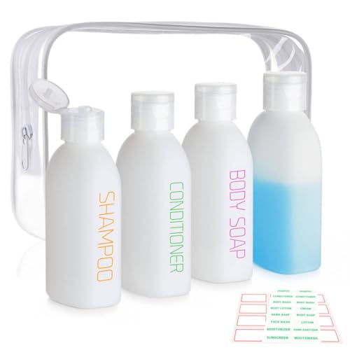 Cosywell Botellas de viaje para artículos de tocador, paquete de 5 recipientes de polietileno de alta densidad preimpresos y suaves al tacto, tamaño de viaje, 3.4 onzas, aprobados por la TSA, a prueba
