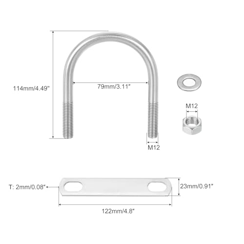 Image of uxcell Round U-Bolts, 6 Sets 79mm(3.11 inch) Inner Width 114mm Length M12 304 Stainless Steel U Clamp Bolt with Nuts and Plates, for Boat Trailer