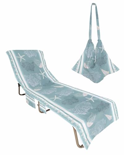 Coastal Blue Coral Beach Chair Cover with Side Pockets, Microfiber & Quick Dry Pool Chaise Lounge Chair Towels Covers for Sun Sunbathing Patio Garden Hotel, Ocean Starfish Conch Sea Jellyfish Stripes
