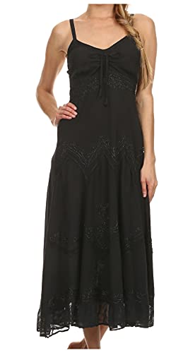 Sakkas AA4012 - Stonewashed Rayon Embroidered Adjustable Spaghetti Long Dress - Black - S/M