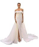 MARSEN Off Shoulder Wedding Dress for Bride Detachable Train Mermaid Satin Beach Wedding Dress Outdoor Bridal Dress with Slit Ivory Size 6