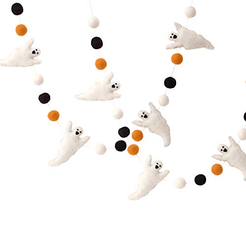 Glaciart One Felt Balls + Ghosts Garland - Easy to Hang Halloween Party Banner Decoration - 100% New Zealand Wool Hand-Felted in Nepal - 5 Long 15 White Orange & Black Pom Poms 4 Ghost Ornaments