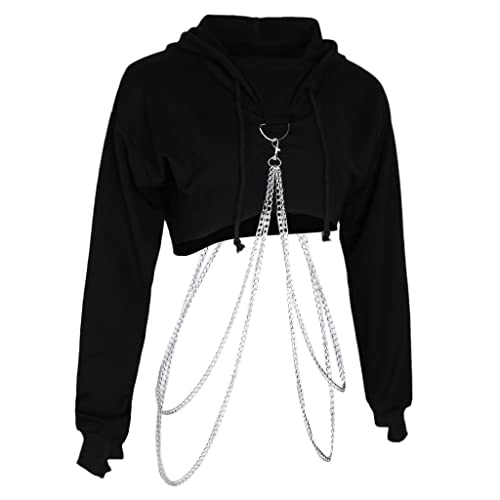 freneci Damen Hoodie Crop Top Langarmshirt Pullover Sweatshirt mit Kette...