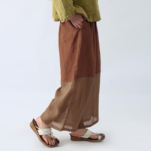 Women's Cropped Wide Leg Linen Pants High Waisted Lightweight Beach Pants with Patchwork & Contrast Color3
