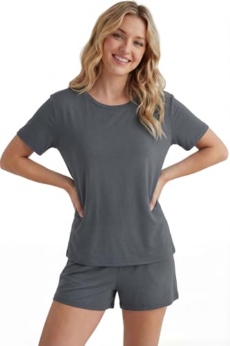 Image of LUBOT Pajamas for Women Set Bamboo Viscose with Cotton Cooling Soft 2 Piece PJ Sets Short Sleeve Nightwear S-2XL