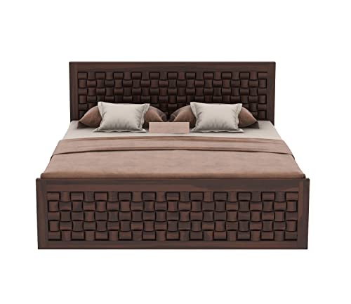 Image of Sheesham Wood King Size Bed Without Storage | Wooden Bed King Size Double Cot Palang Bed for Bedroom | Niwar Design Headboard Bed for Living Room | Walnut Finish