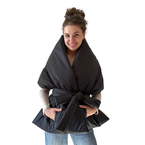 Black Long Cape Lagre Wide Scarf Puffer 18x70 inch with 2 pocket and Belt. Cape around shoulders wrap. Winter quilted shawl. Warm padded scarf. Down puffy scarves.3