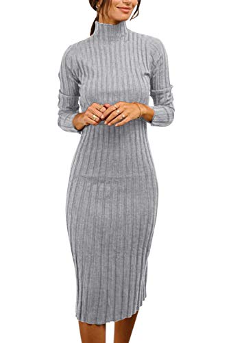 Image of MEROKEETY Women's Long Sleeve Sweater Dress 2025 High Neck Slim Fit Ribbed Knit Midi Winter Dresses, Grey XS